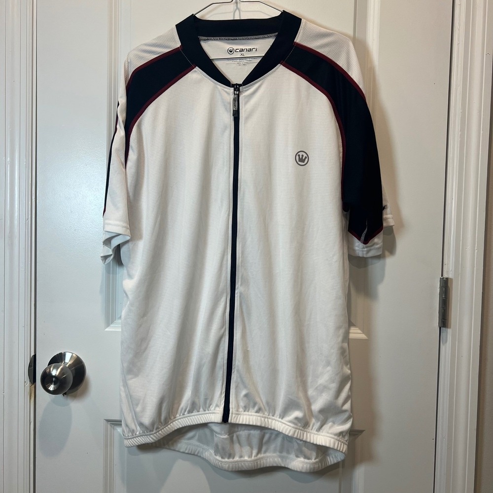 Canari Mens Cycling Jersey White‎ Black Red Zipper Pockets XL